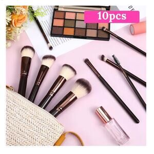 Yolev 10 Pcs Brown Makeup Brushes Set Professional (C54)
